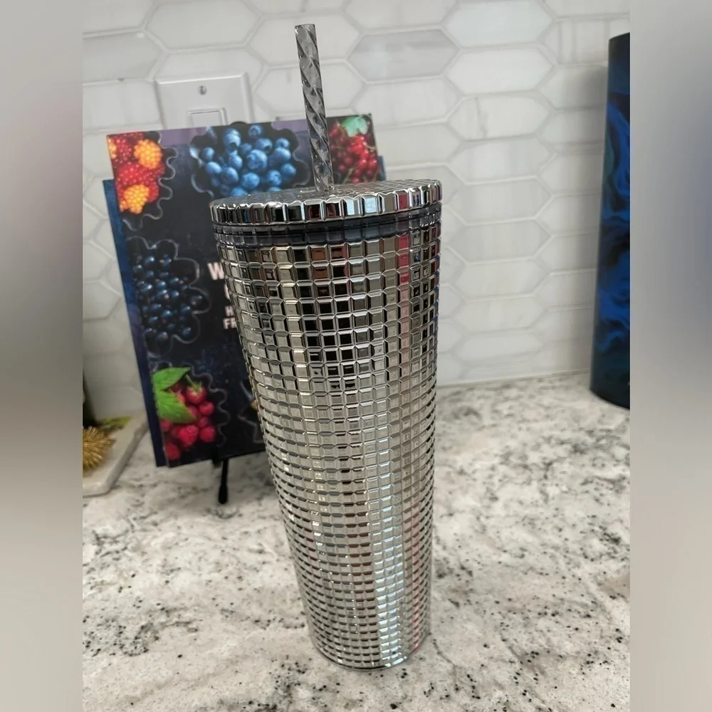 Starbucks Metallic Mirror Silver Grid Tumbler  High shine chrome finish. NWT.